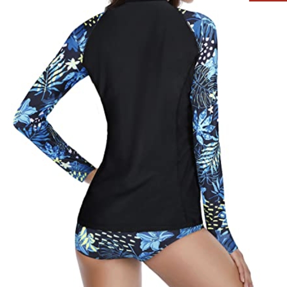 Daci Rash Guard Long-Sleeve 2 Piece Swim Set Black with Tropical Design - Picture 12 of 13